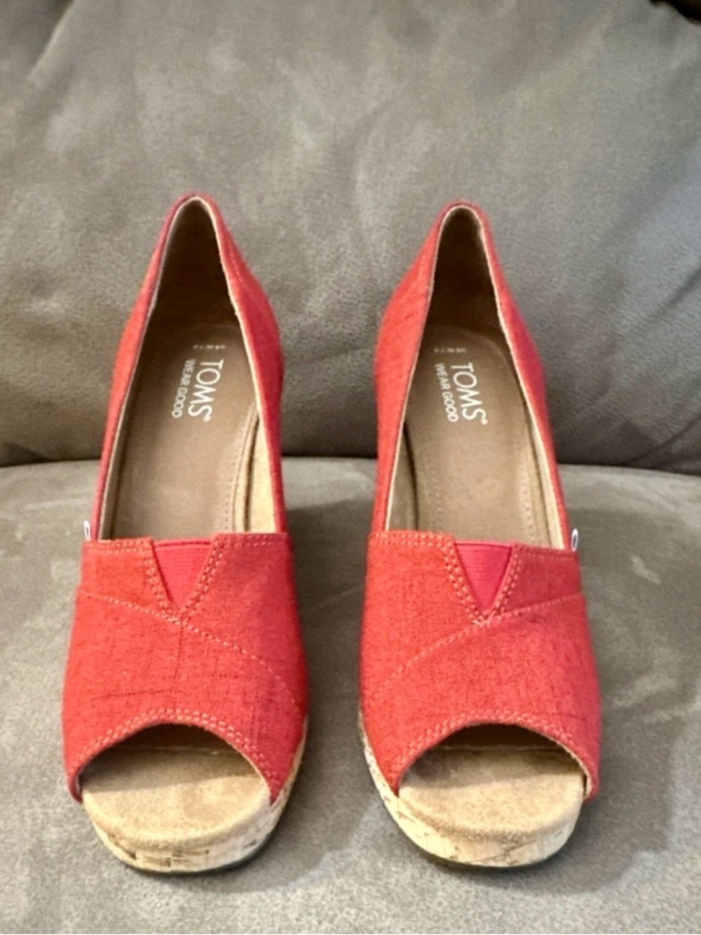 Toms Red Canvas Peep-Toe Wedge Espadrilles